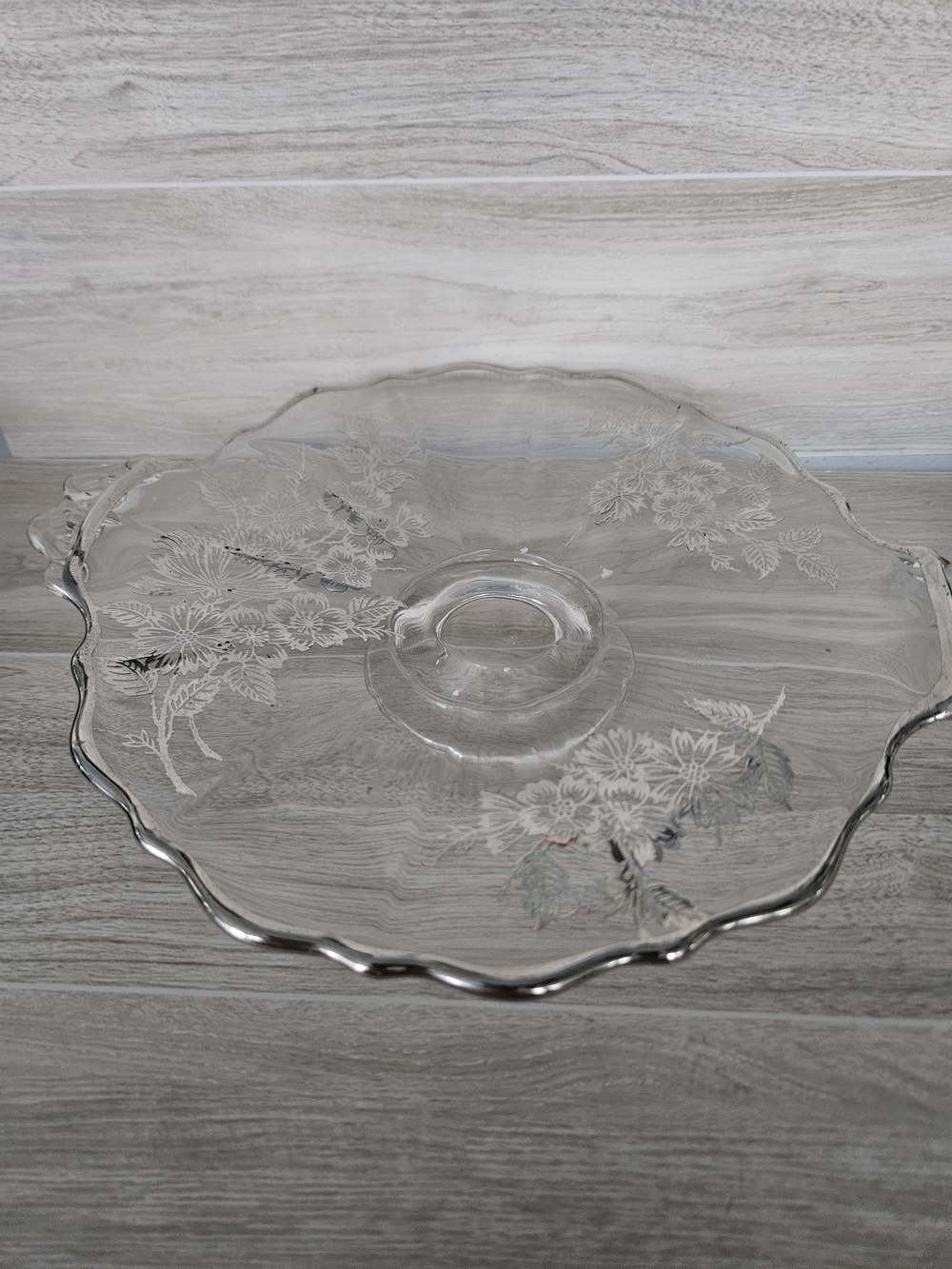 Clear Etched Glass Serving Platter with Floral Design Vintage